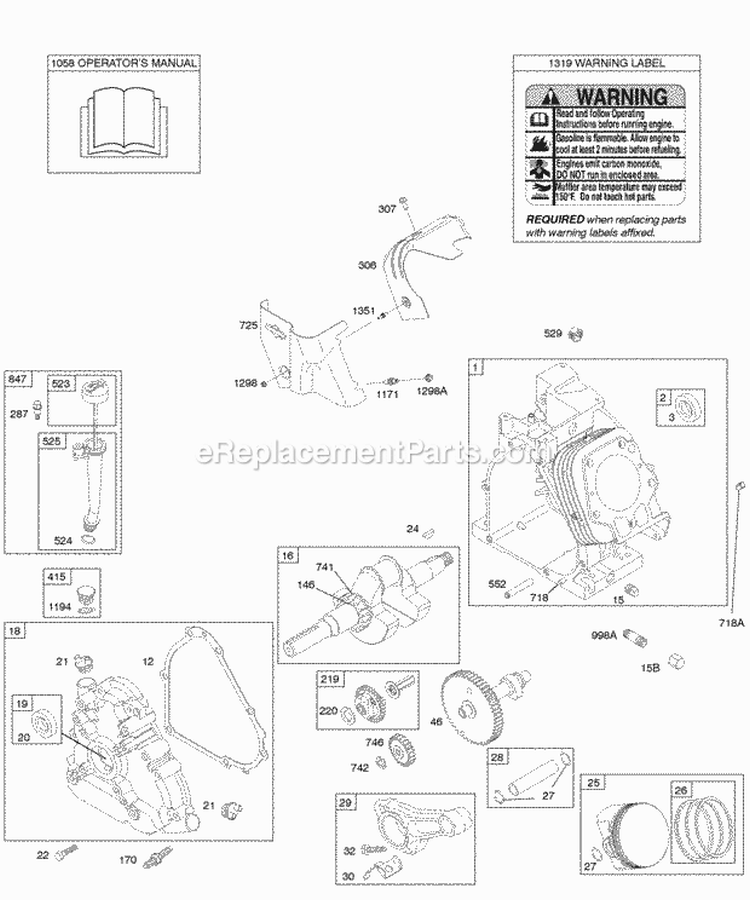 Camshaft Crankcase Cover Crankshaft Cylinder Lubrication OperatorS Manual PistonRingsConnecting Rod Warning Label Diagram and Parts List for 20C114-0274-E1  Briggs and Stratton Engine
